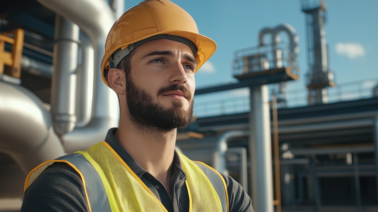 Worker wearing a hardhat gathering at a muster point