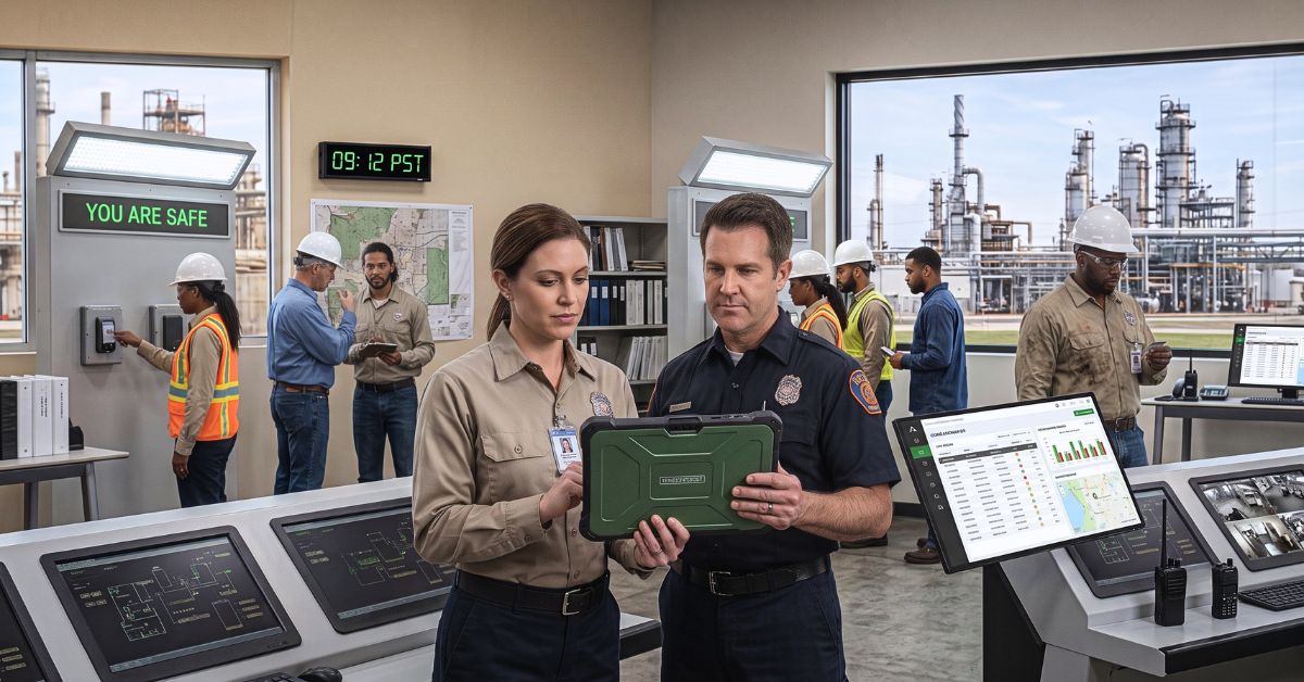 Man and woman looking at AllClear report. Surrounded by other emergency personnel and workers.