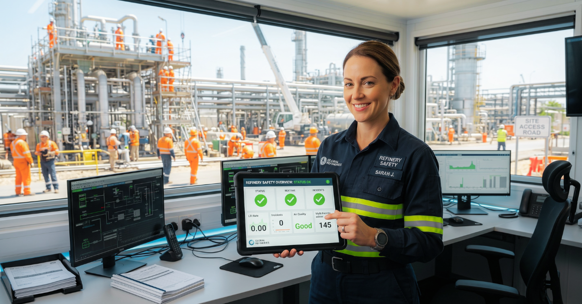 Woman holding dashboard on industrial site.