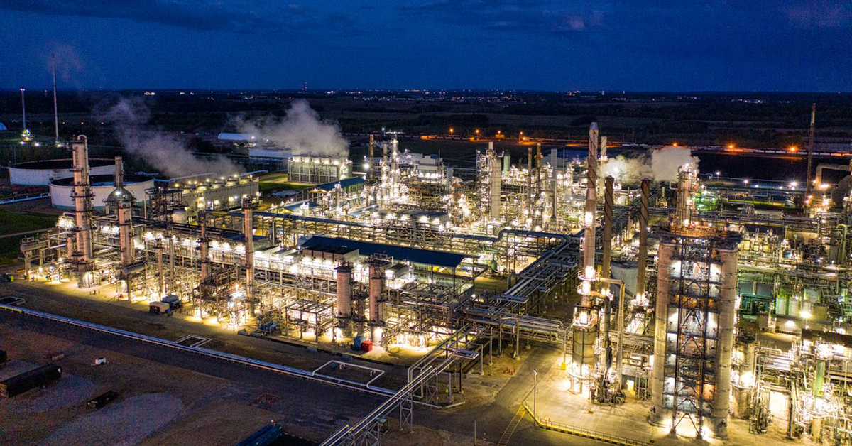 Petrochemical plant at night from a drone aerial view
